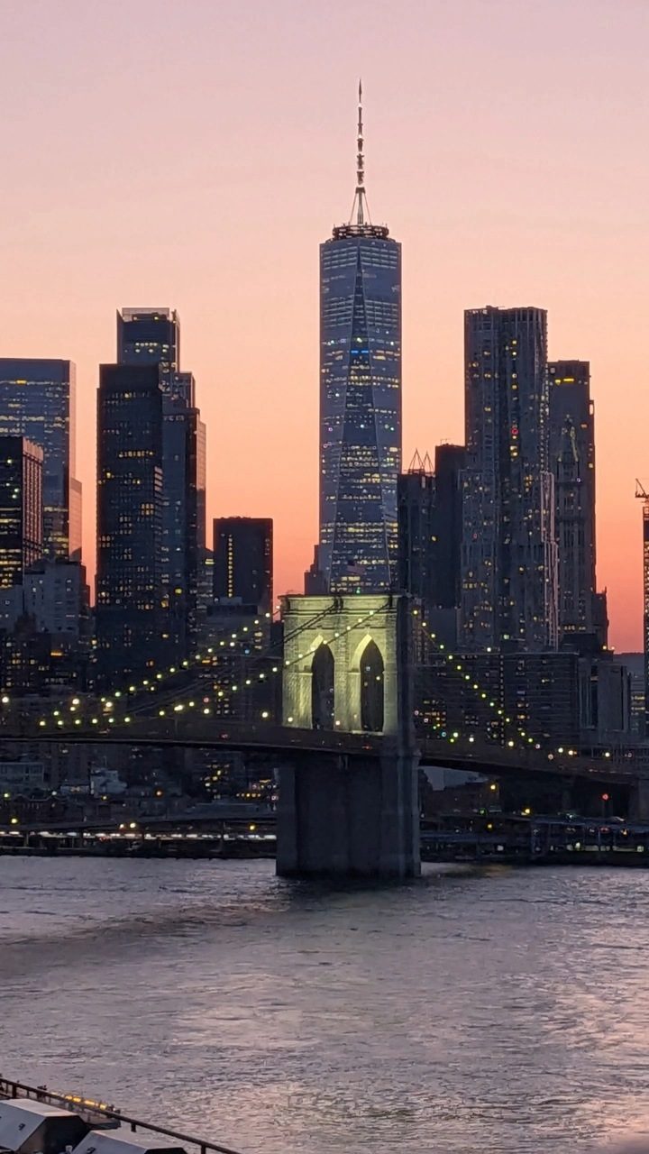 Brooklyn Bridge and Lower Manhattan at sunset