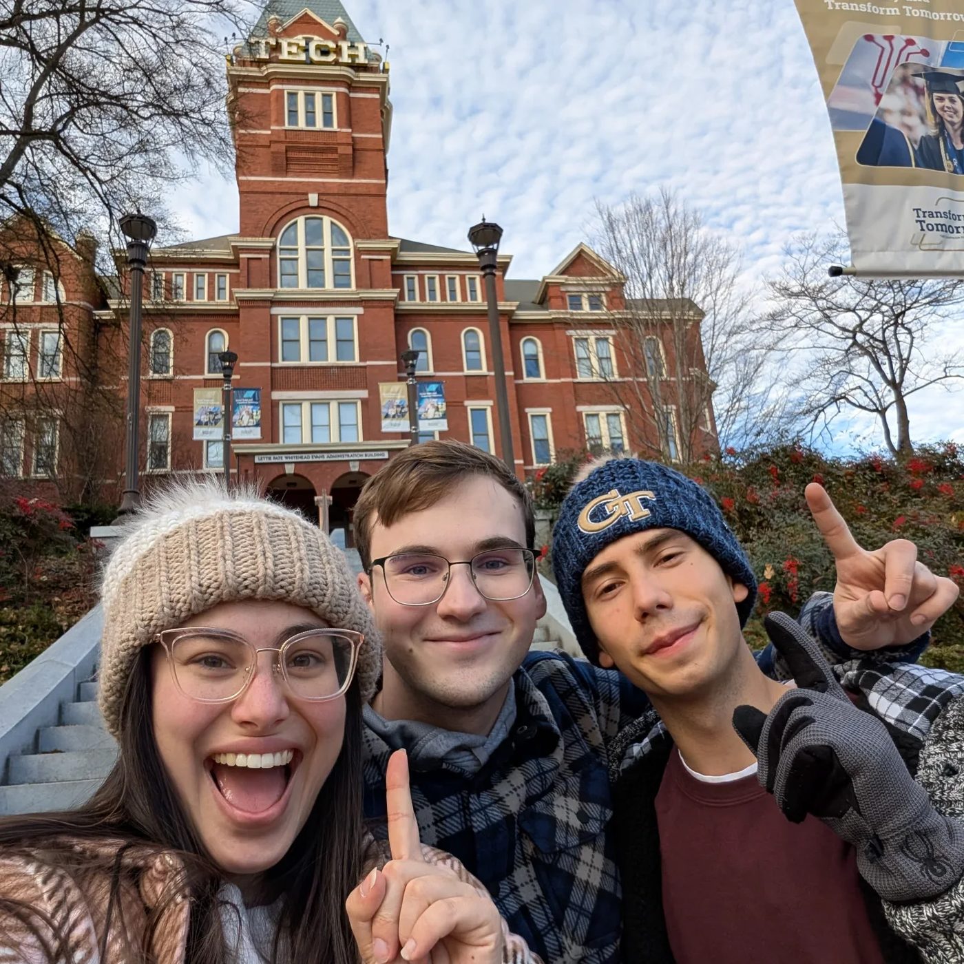 Friends in front of Tech Tower
